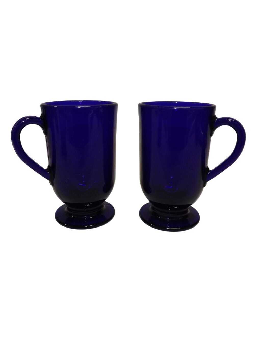 Set Of 2 Vintage Cobalt Blue Glass Footed Mugs With Handles 12 Oz Libbey